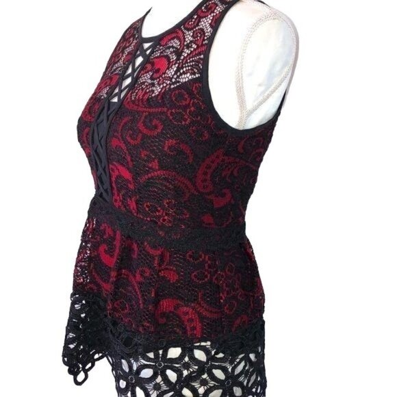 Nanette Lepore Top Womens Size 0 Black Red Lace Crochet Zipper Back Made In USA - Picture 5 of 12